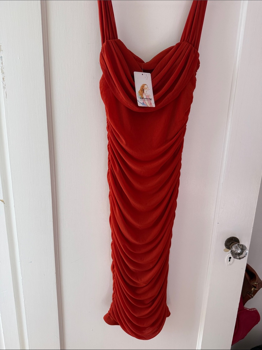 Ruched Cowl Neck Midi Dress in Deep Orange/Red
